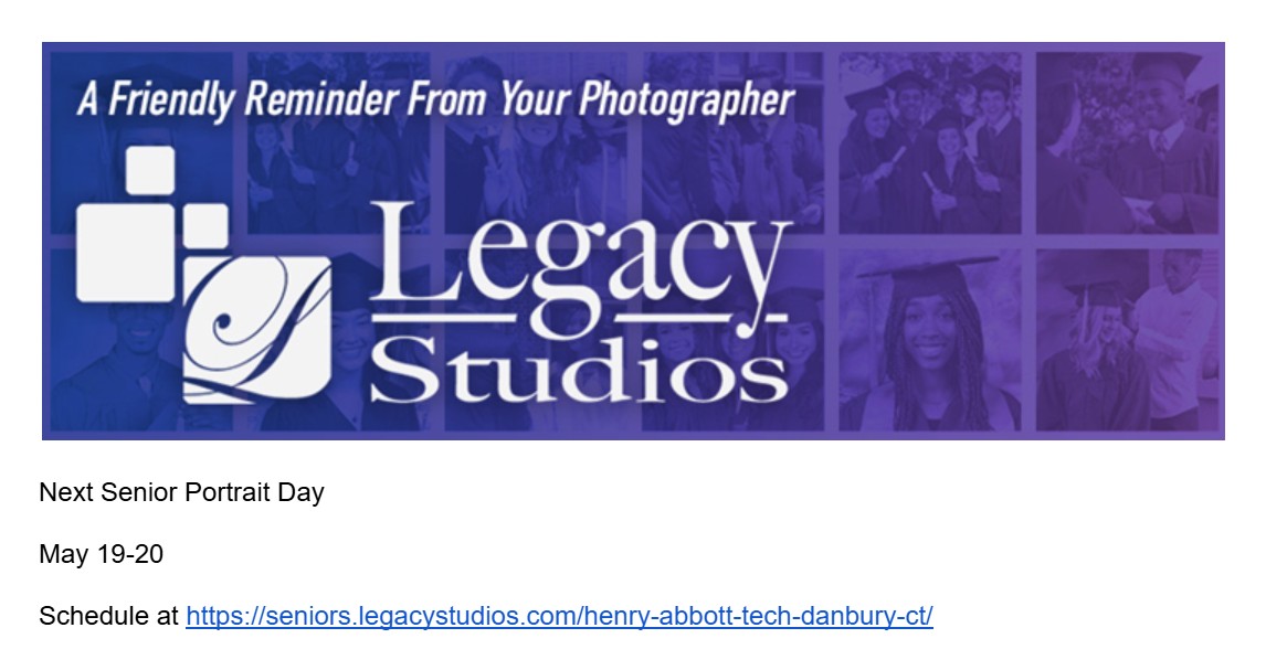 Next Senior Portrait Day May 19-20. Schedule your appointment at https://seniors.legacystudios.com/henry-abbott-tech-danbury-ct/
